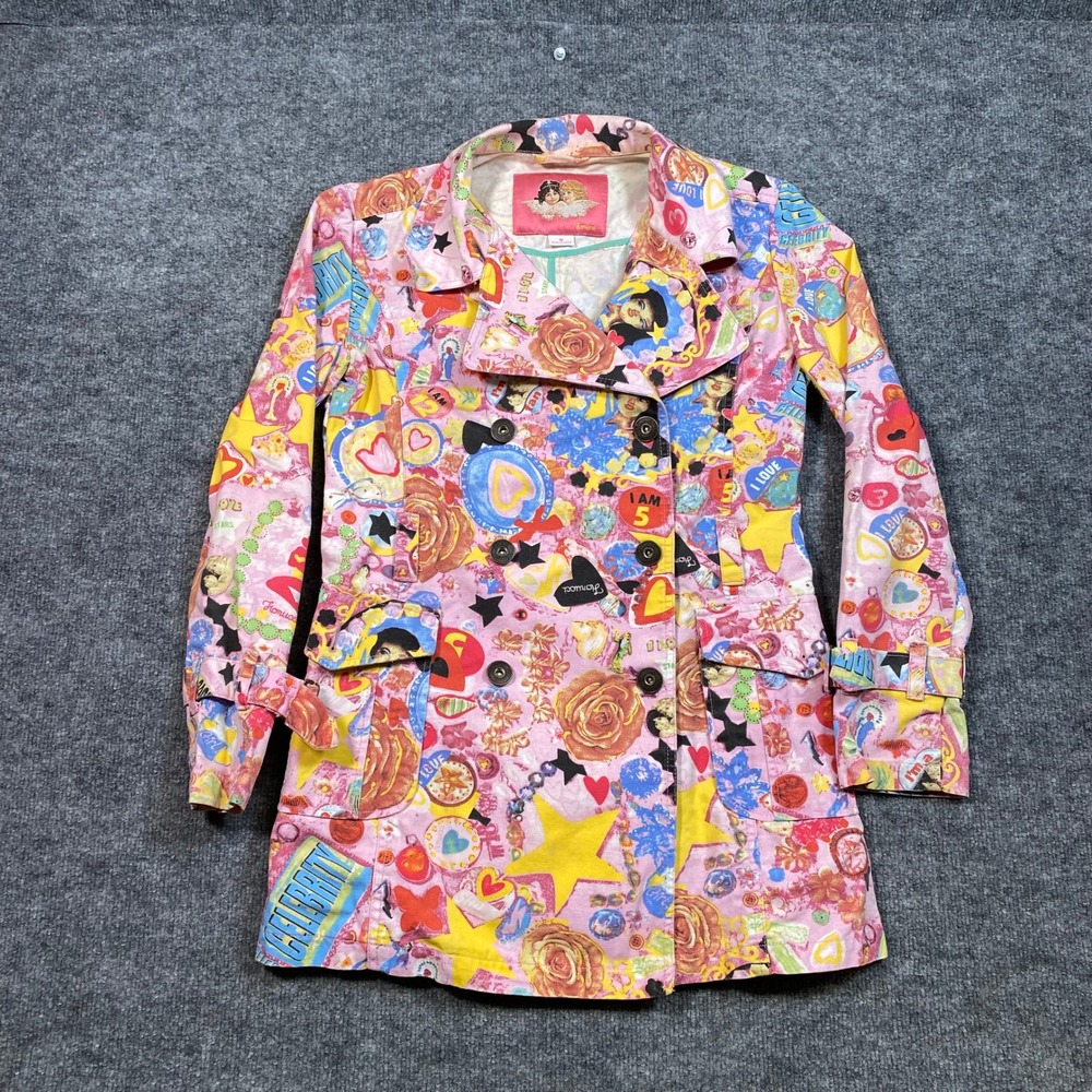 Fiorucci Womens Pink Collage Pop Art Print Double Breasted Trench Coat Size M